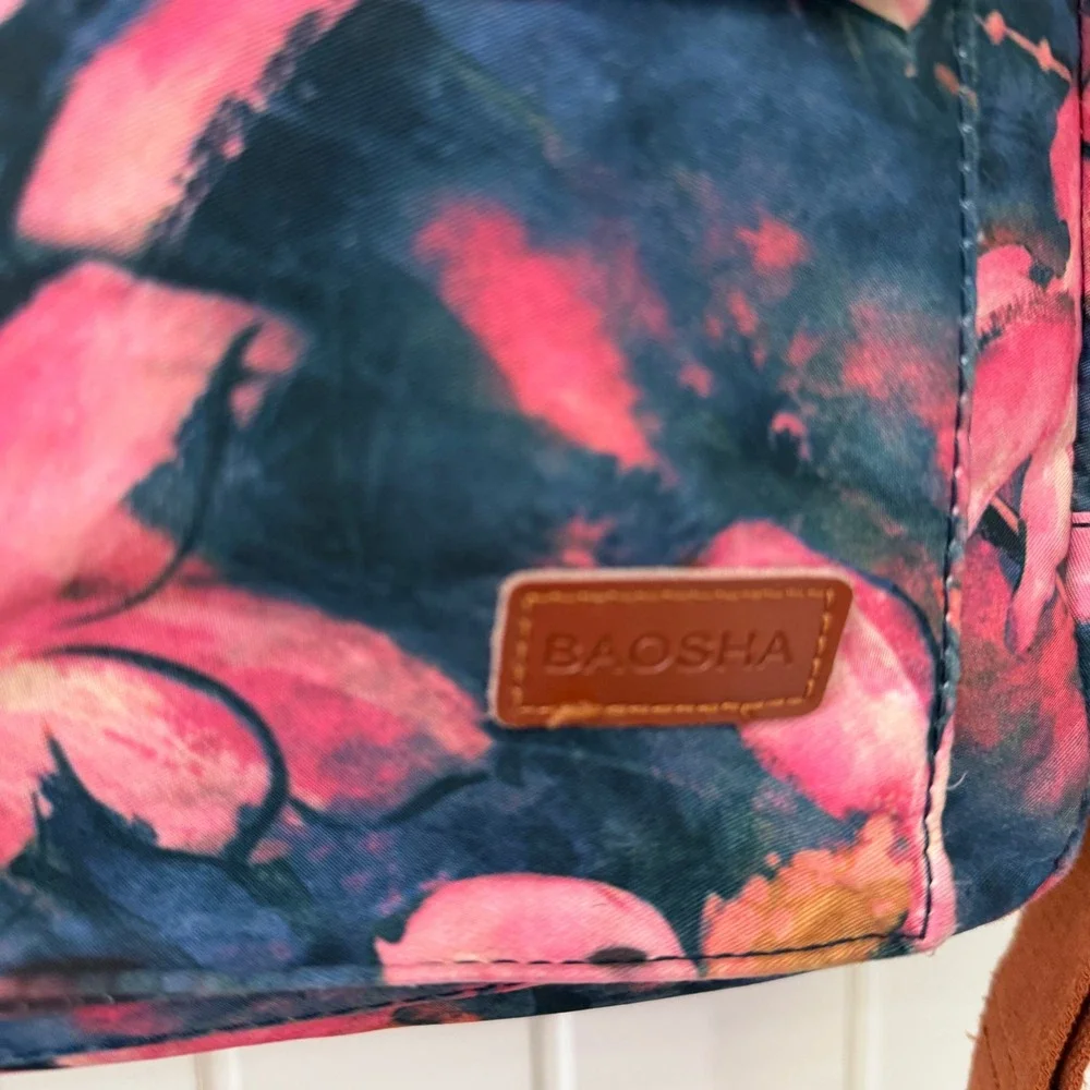 Baosha‎ Laptop Bag OS Pink Navy Floral Canvas Messenger Crossbody Briefcase
